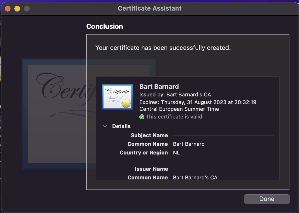 Maken van het certificaat is gelukt